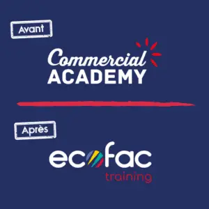 les logos de commercial academy et de ecofac trainng l'un au dessus de l'autre pour montrer le changement