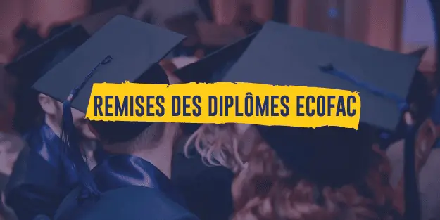 Bandeau indiquant "Remises de dplômes Ecofac" avec des étudiant de dos avec leur toques en image de fond.