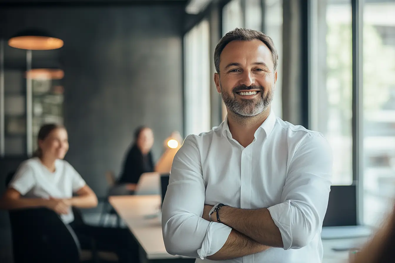 Conseiller commercial avec les bras croisés