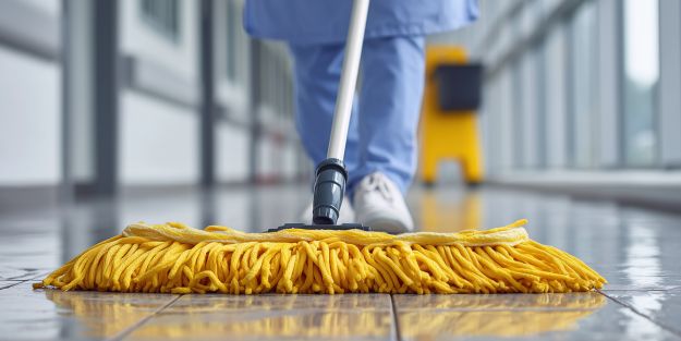 personne passant le balais dans un batiment professionnel