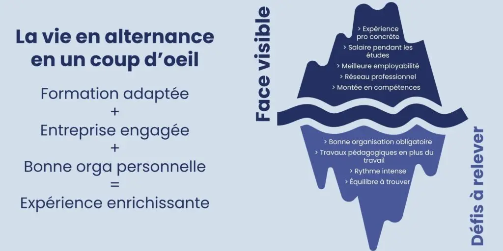 infographies sur les éléments qui font la réussite d'une alternance. Organisation, méthode, équilibre